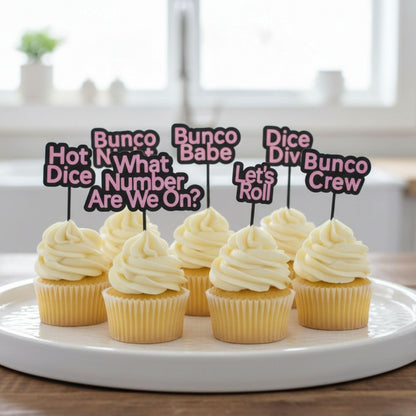 Bunco Cupcake Toppers – 8 Fun Bunco Sayings – Reusable Party Picks for Cupcakes & Snacks – Great Bunco Gift or Door Prize
