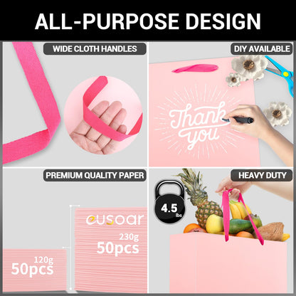EUSOAR Small Pink Gifts Wrap Bags, 50 Pack 8.6x3.9x7 inches Shopping Bags with Handles Bulk, Party Favor Wrapping Bags for Wedding, Craft Grocery, Boutique, Retail, Business
