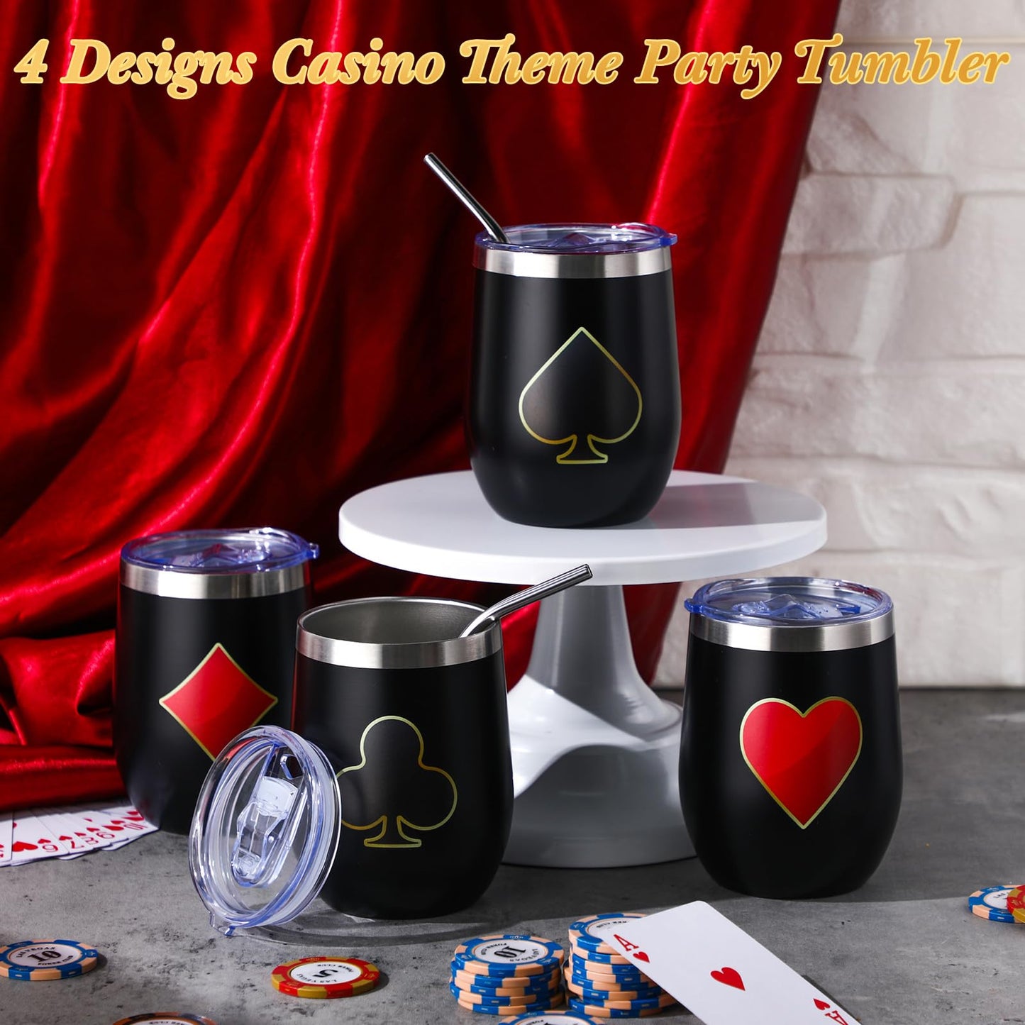 4 Pcs Casino Party Cups Pokers Glasses Stainless Steel Wine Tumblers with Lid and Straw 12 oz Casino Theme Party Decorations Poker Gifts Favors Set for Grad Birthday Game Night(Poker)