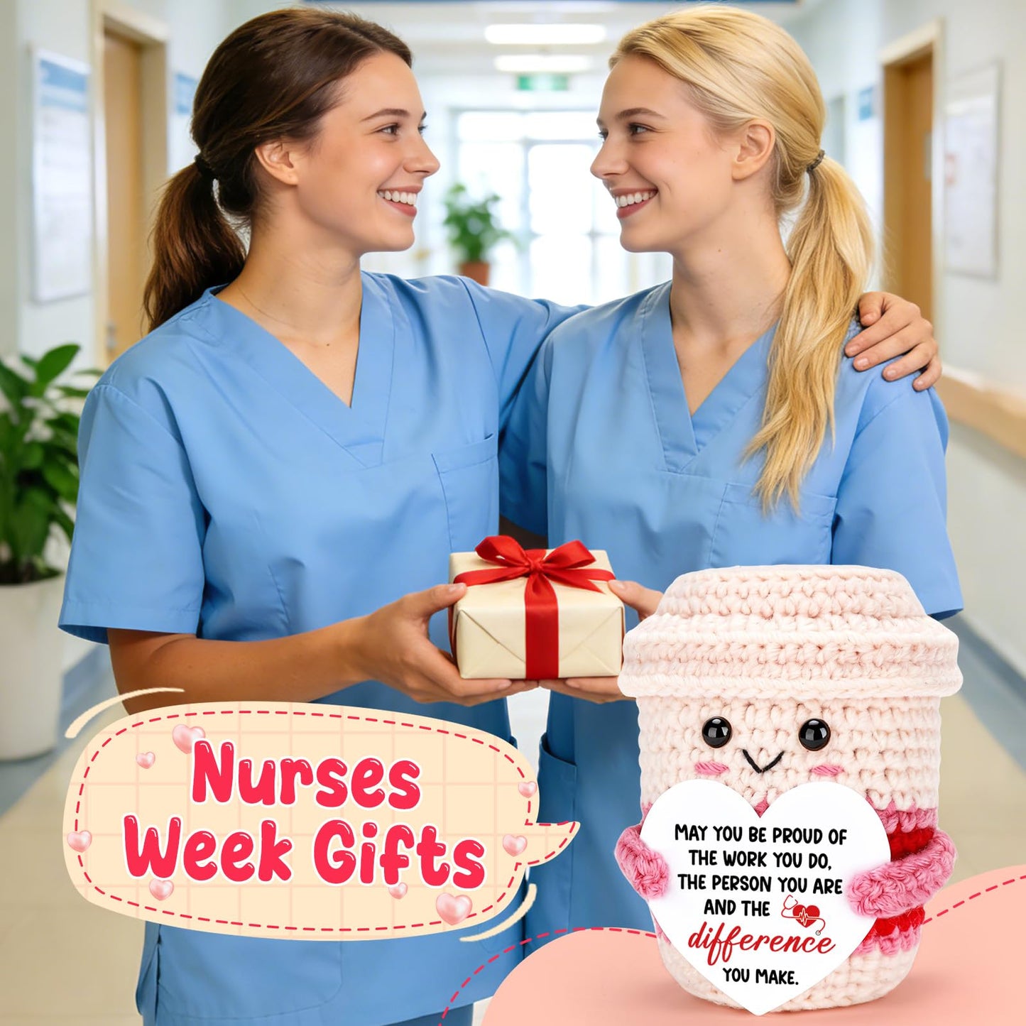 Nurse Week Gifts for Women Female Nurse Appreciation Practitioner RN Nurses Gift 2026 Nursing School Graduation Gifts for Student Preceptor Handmade Crochet Pink Coffee Mug for Mom Sister Friend