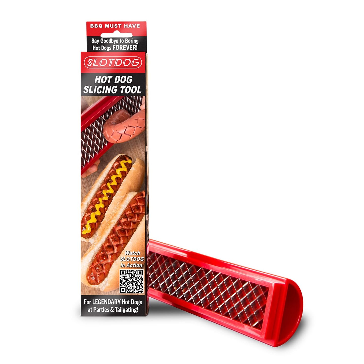 SLOTDOG - Hot Dog Slicing Tool - Stainless Steel Cutter Blades for Kitchen, Grilling, Tailgating, Camping and Backyard Outdoor BBQ - 10 inch - Red