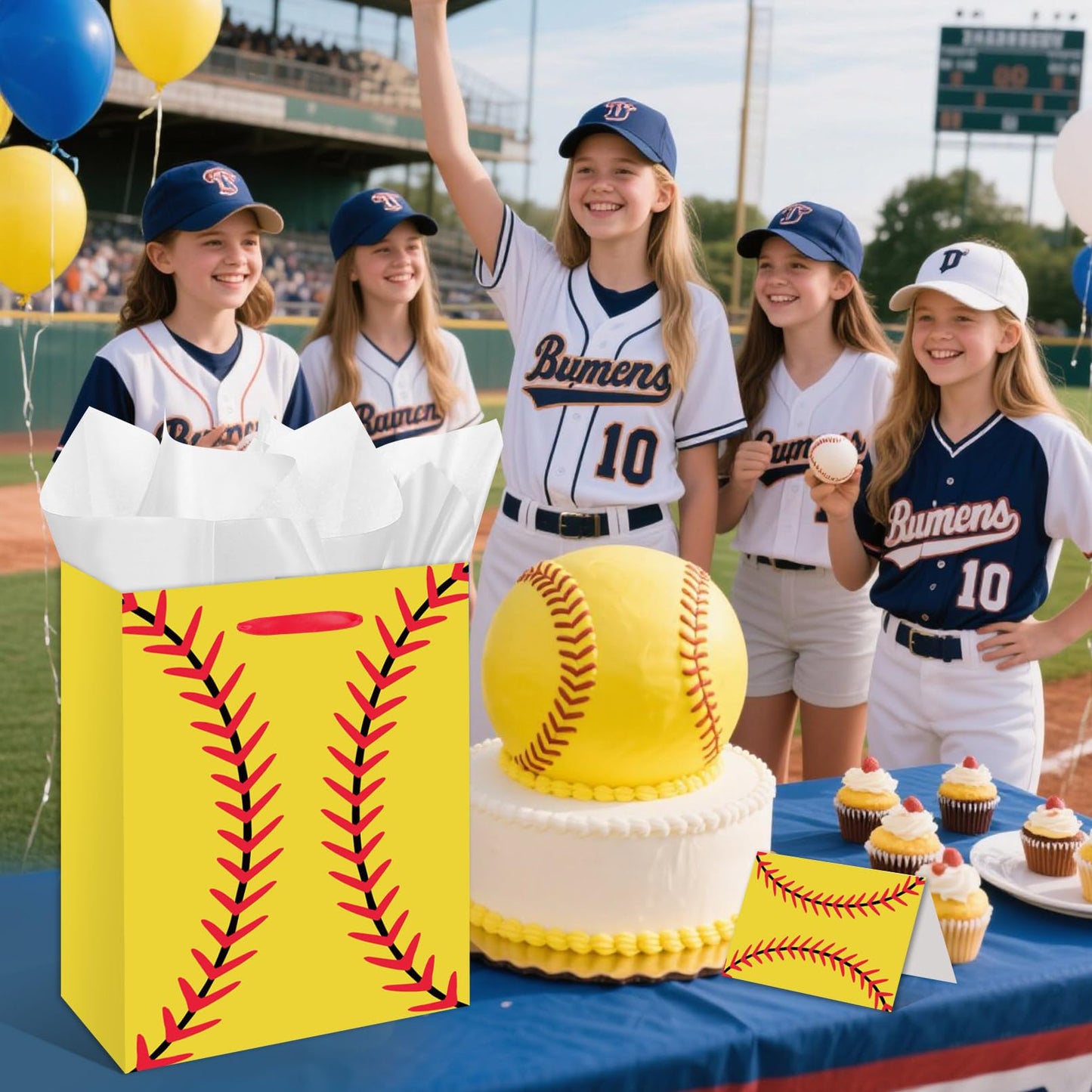 Large Softball Party Gift Bag with Tissue Paper and Greeting Card for Girls Women Birthdays Party Favor Sport Birthday Goodie Bag Team Gifts Sports Celebrations