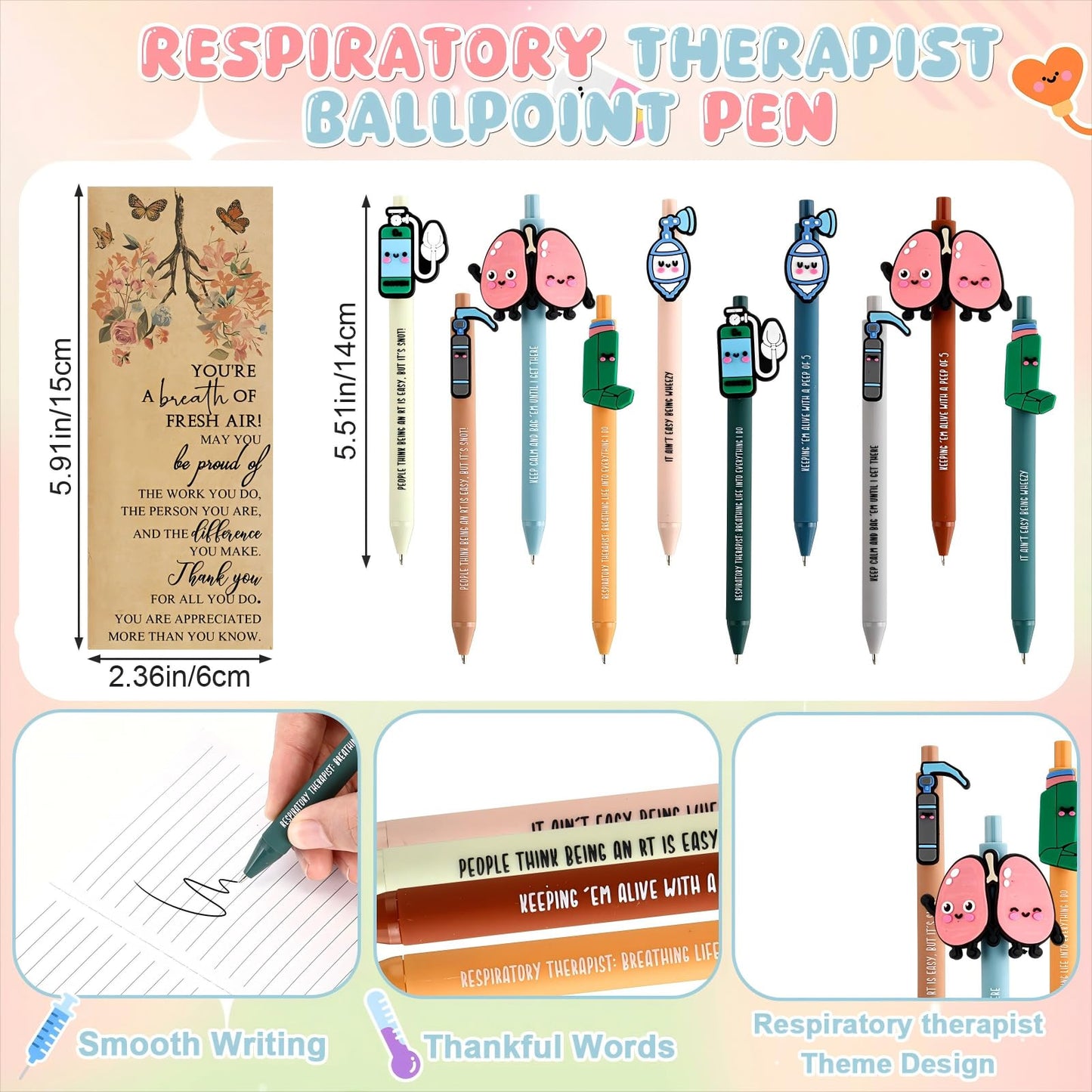 Yexiya 15 Set 2026 Nures Week Gift Bulk Respiratory Lung Inhaler Sign Ballpoint Pen with Badge Reels Appreciation Card Thank You Gift for Respiratory Therapist Nurse Teacher Medical Student