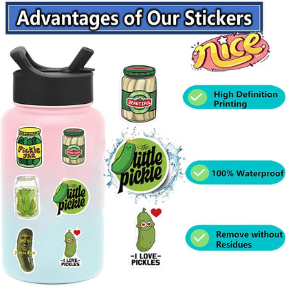 Funny Pickle Stickers for Adults, Cartoon Pickle Stickers Bulk, 50PCS Vinyl Waterproof Stickers for Water Bottle, Laptop, Phone, Skateboard, Scrapbook, Journal, Luggage, Party Supplies (Pickle)