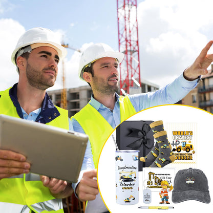 Patelai 9 Pcs Construction Worker Christmas Gifts for Men Include 16 oz Tumbler Coffee Mug Multi-tool Pen Baseball Hat Socks Notebook Keychain Pendant for Father Boyfriend Birthday Gift