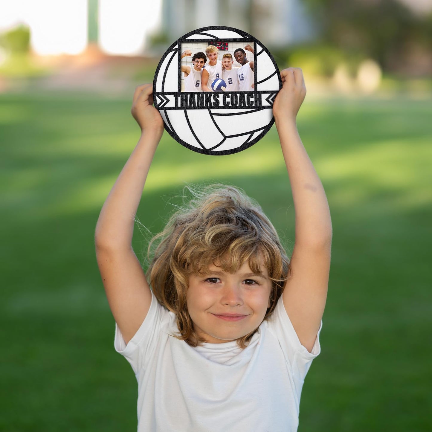 RattanView Sport Ball Picture Frame 4 x 6 Signable Thanks Coach Picture Frame with Pen Coaches Appreciation Photo Tabletop for Home Table Decorations Coach Team Birthday Gifts(White,Volleyball,Round)