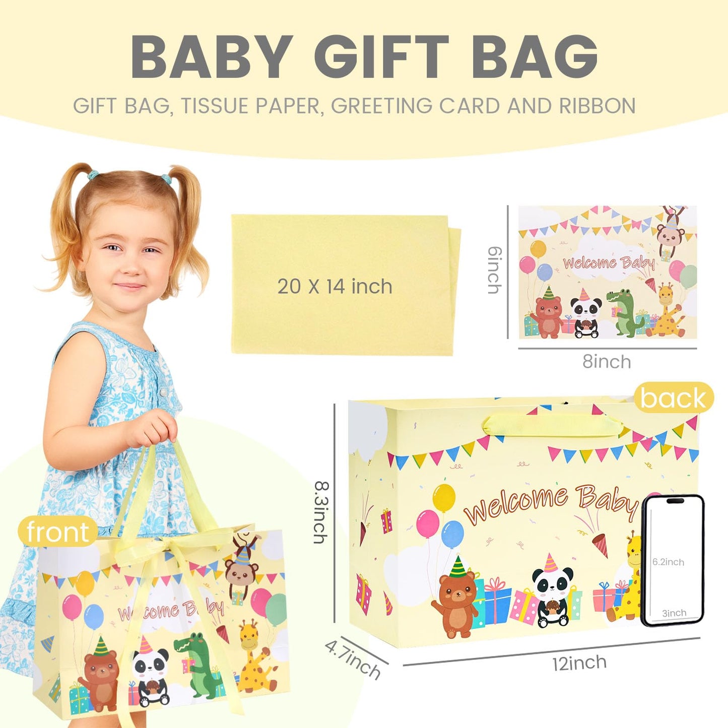 VGOODALL Gift Bag for Baby Shower, Yellow Paper Bag 12 x 4.7 x 8.3 Inches with 4 Tissue Paper and 1 Greeting Card for Newborn, Gender Reveal, Boys and Girls Party