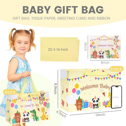VGOODALL Gift Bag for Baby Shower, Yellow Paper Bag 12 x 4.7 x 8.3 Inches with 4 Tissue Paper and 1 Greeting Card for Newborn, Gender Reveal, Boys and Girls Party