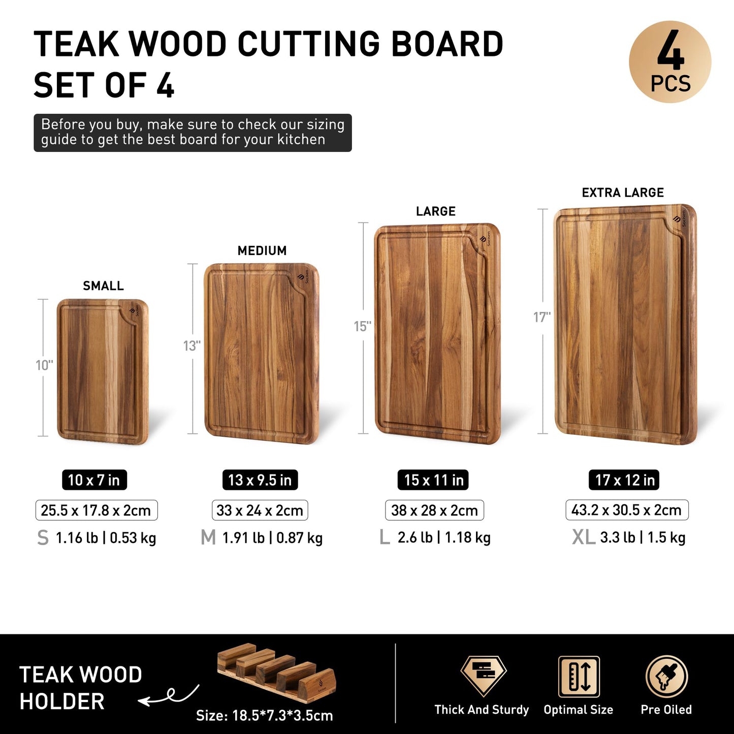4 Pack Teak Wood Cutting Board Set for Kitchen Heavy Duty Non Toxic Non Slip Solid Thick Wood Haus Chopping Board Extra Large Big Small Meat Best Essential House Warming Hostess Host Gift