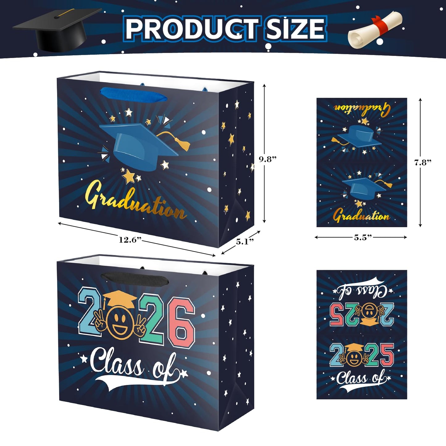 Lyforpyton 2 Pack Large Graduation Gift Bags with Tissue Paper 12.6" Navy Blue Gift Bags for Graduation
