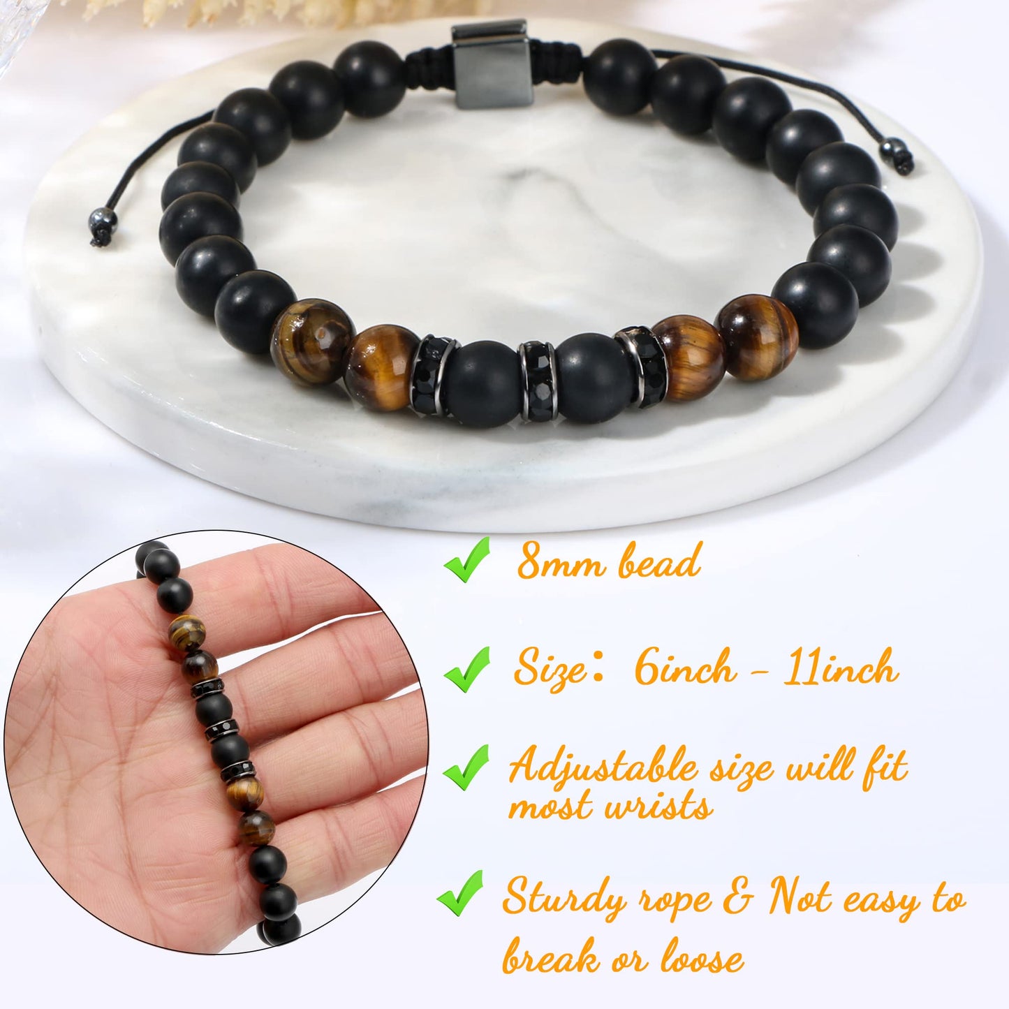 JoycuFF Gifts for Men Natural Tiger Eye Black Matte Agate Bracelets, Fathers Day Anniversary Christmas Birthday Gifts for Him Boyfriend Husband Brother from Girlfriend Wife, To My Man Bead Bracelets