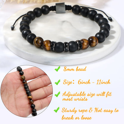 JoycuFF Gifts for Men Natural Tiger Eye Black Matte Agate Bracelets, Fathers Day Anniversary Christmas Birthday Gifts for Him Boyfriend Husband Brother from Girlfriend Wife, To My Man Bead Bracelets