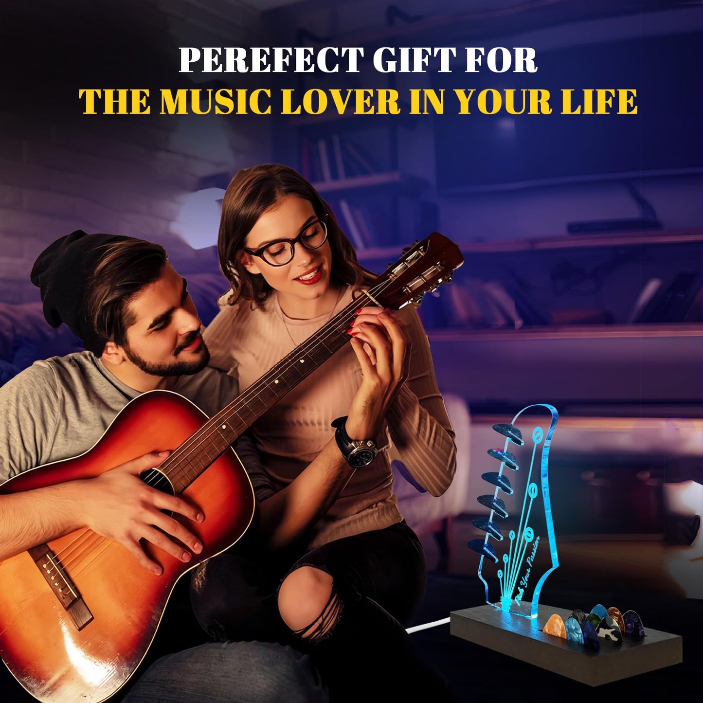 NZNDB Light Up Guitar Pick Holder, Wooden Guitar Pick Holder for Picks Storage and Display, Music Gift for Men Guitar Music Lovers Players Guitarist, Guitar Accessories