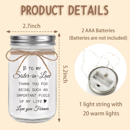 Sister in Law Gifts, Mason Jar Night Lights - Gifts for Sister in Law Birthday Christmas Mother's Day Wedding Thanksgiving Gifts