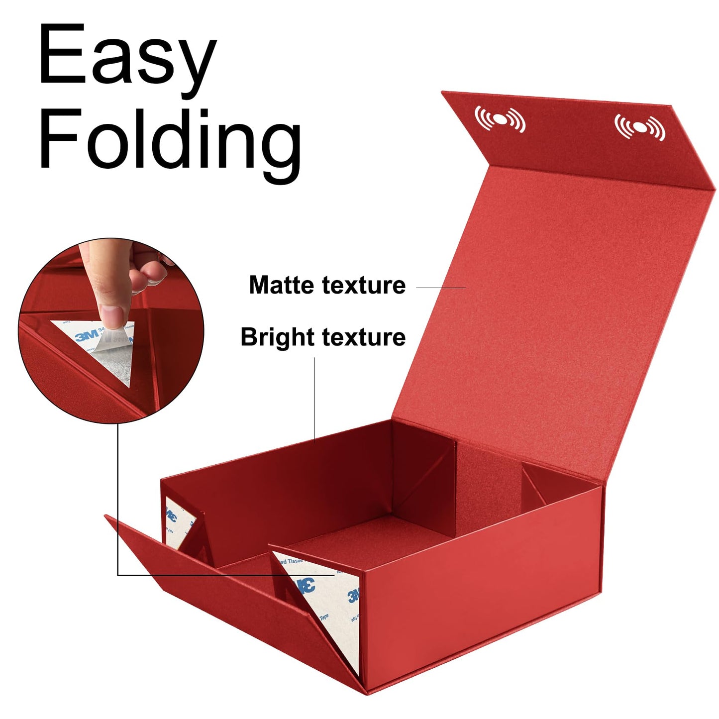 LumyHavver Gift Box 9.65x9.65x3.6 Inches, Red with Magnetic Lid, Collapsible with Ribbon, Raffia Grass, Card, for Birthdays, Christmas, or Parties, Gift Packaging
