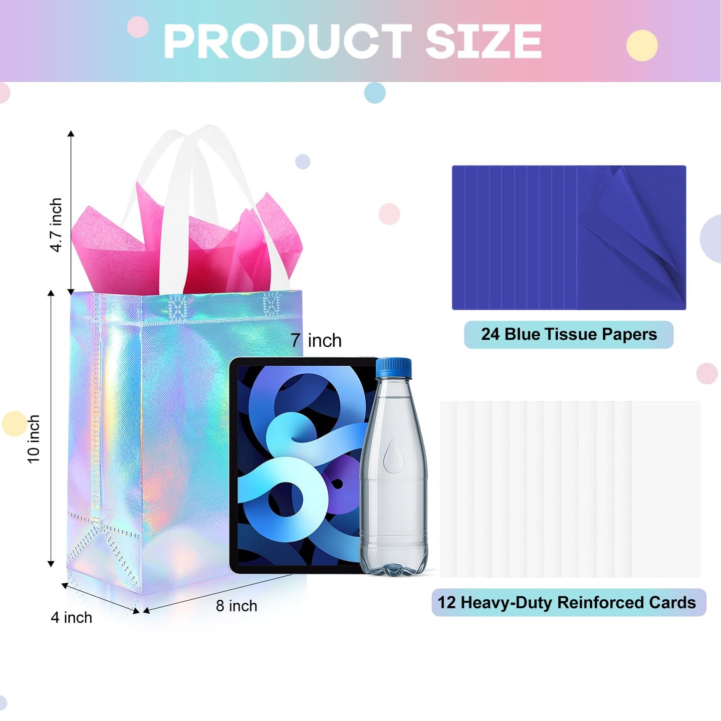 Addblu 12 Pack Reusable Gift Bags with Handles & 24 Tissue Papers, 10x4x8 Inch Iridescent Gift Bags with Cardboard Bases for Shopping, Parties, Birthdays, Weddings, Holiday, Father's Day (Blue Gift Bag)