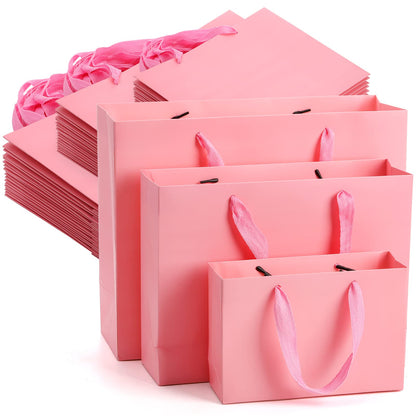 Lyellfe 30 Pack Pink Gift Bags, Heavy Duty Kraft Paper Bag with Handle Bulk, Recycled Water-proof Shopping Bags, Assoorted Merchandise Retail Bags for Birthday, Wedding, Party, S, M, L