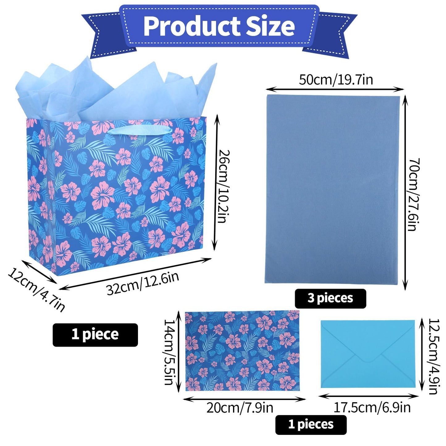 SAVITA Cute Hawaii Gift Bag Set, Blue & Pink Cartoon Party Favors Gift Goodie Bag Set with 3 Tissue Paper Envelopes Greeting Birthday Cards Hawaiian Favor Wrap for Baby Shower Holiday Party Supplies