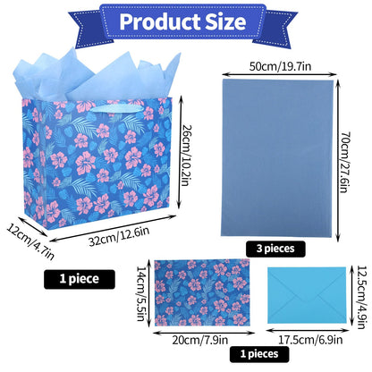 SAVITA Cute Hawaii Gift Bag Set, Blue & Pink Cartoon Party Favors Gift Goodie Bag Set with 3 Tissue Paper Envelopes Greeting Birthday Cards Hawaiian Favor Wrap for Baby Shower Holiday Party Supplies