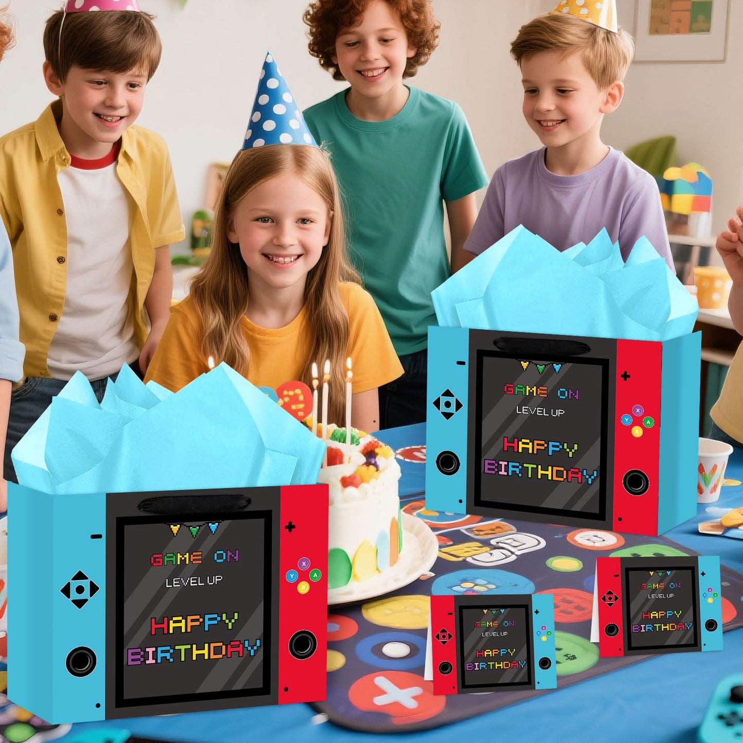 Abilat Large Video Game Birthday Gift Bag with Tissue Paper and Greeting Card Happy Birthday Gift Wrapping Bag for Boys Kids Gaming Theme Game Night Party Decorations