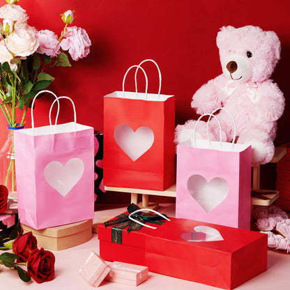 Gilprop 24 Pcs Red Pink Paper Gift Bags with Heart Clear Window & Handles, Treat Bags Bulk for Mother's Day, Galentines Party, Wedding Favor, Bridal Shower Packaging for Candy Cookies (Red Pink)