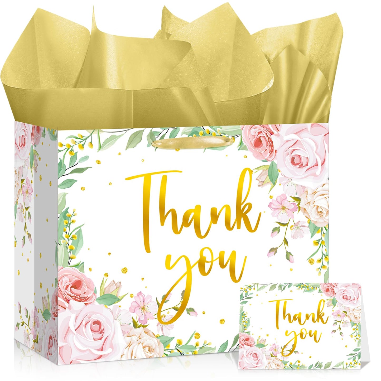 We Appreciate You Gift Bag Floral Thank You Gift Bag with Tissue Paper Greeting Card Appreciation Gifts Wrapping Paper with Handle for Business Retirement Wedding Teacher Birthday Party Supplies