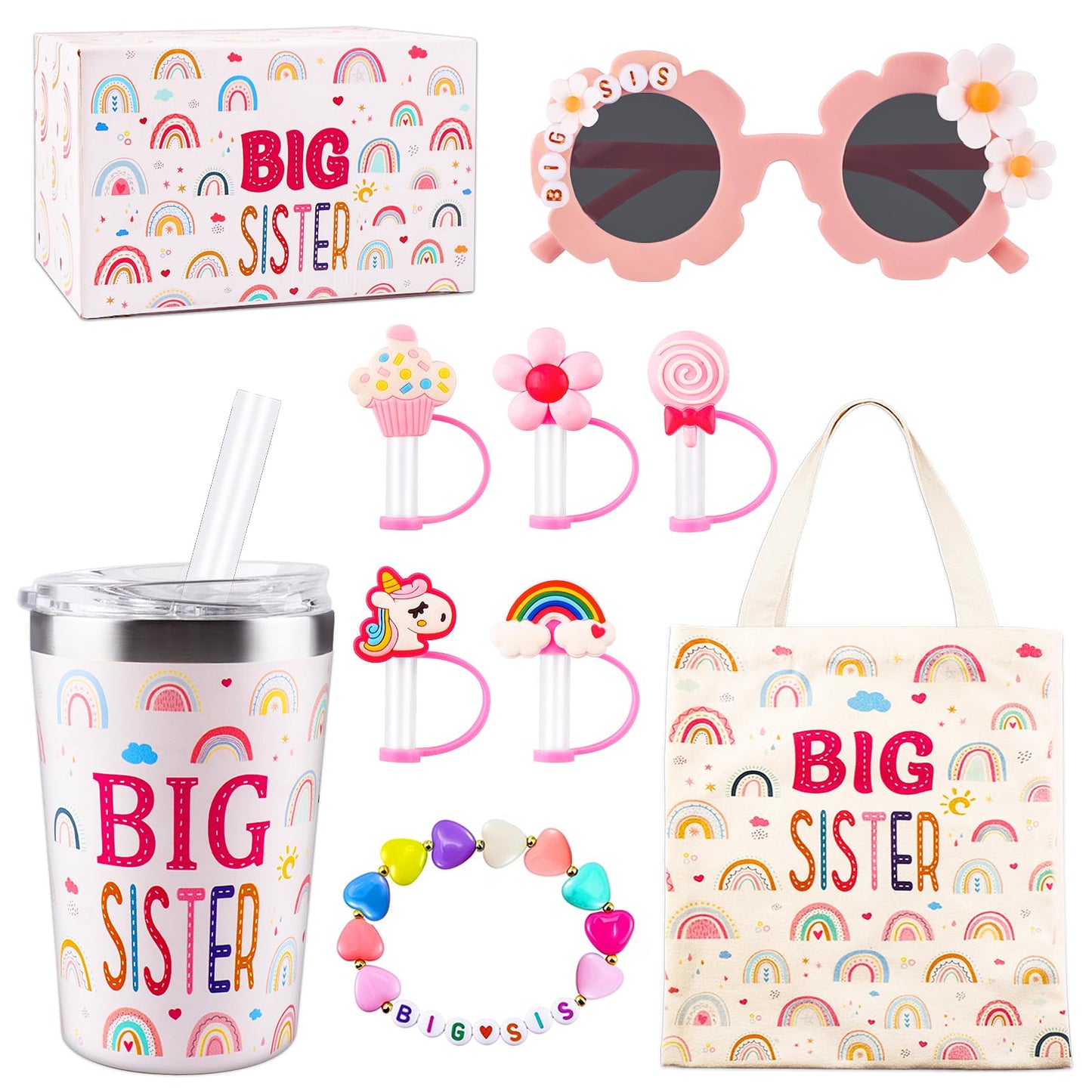 12PCS Big Sister Gifts Set for Girls,12oz Stainless Steel Tumbler With Leakproof Lid and Straw,Cute Silicone Toppers，Sunglasses Bracelet,Canvas Tote Bag for Little Girls Gift Box Set