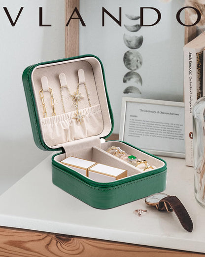 VLANDO Small Travel Jewelry Box Organizer - Girls Women Gift Rings Earrings Necklaces Jewelry Storage Display Case Dark Green