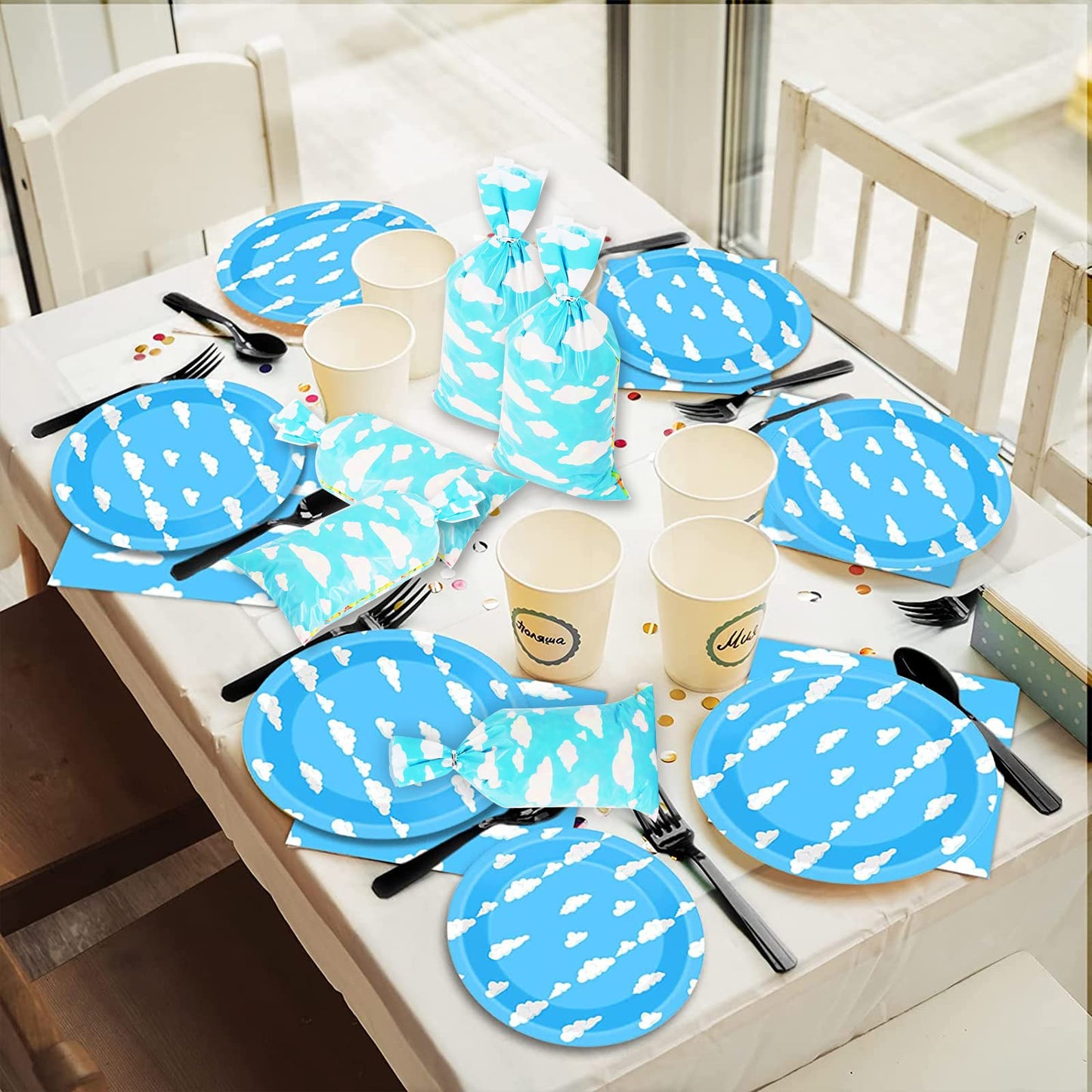 Lecferrarc 100 Pcs Blue Sky White Clouds Treat Bags White Clouds Print Cellophane Candy Bags Cartoon Story Party Favors with Twist Ties for Birthday Party Baby Shower Supplies