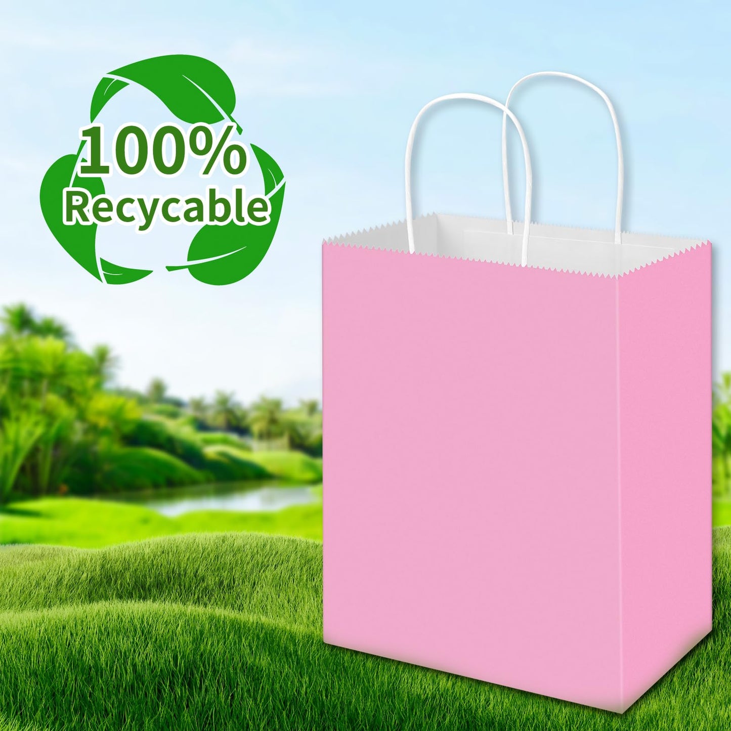 Toovip 100 Pack 8x4.75x10 Inch Medium Light Pink Kraft Paper Bags with Handles Bulk, Gift Wrap Bags for Favors Grocery Retail Party Birthday Shopping Business Goody Craft Merchandise Take Out Sacks