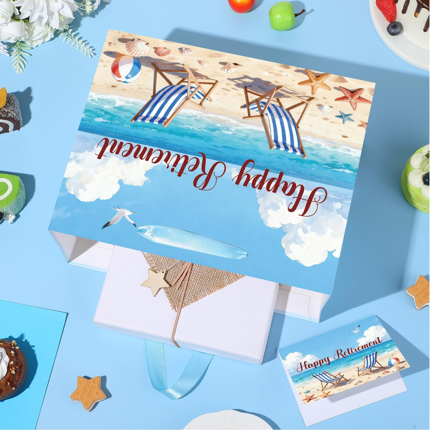Happy Retirement Gift Bag Summer Hawaiian Beach Funny Retired Gift Bags with Card and Tissue Paper Seaside Vacation Theme Retirement Decor for Women Men Coworker Farewell Going Away Party Supplies