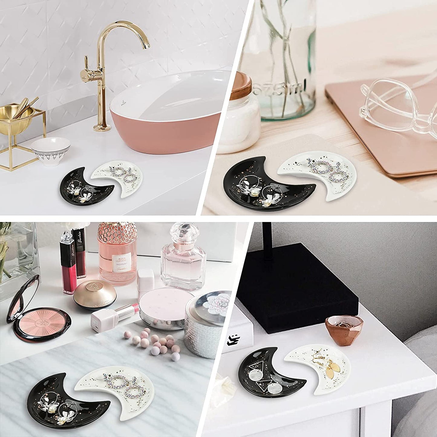 Small Moon Jewelry Dish Tray, Decorative Ceramic Trinket Dish, Modern Accent Tray for Vanity 2pcs（White and Black ）