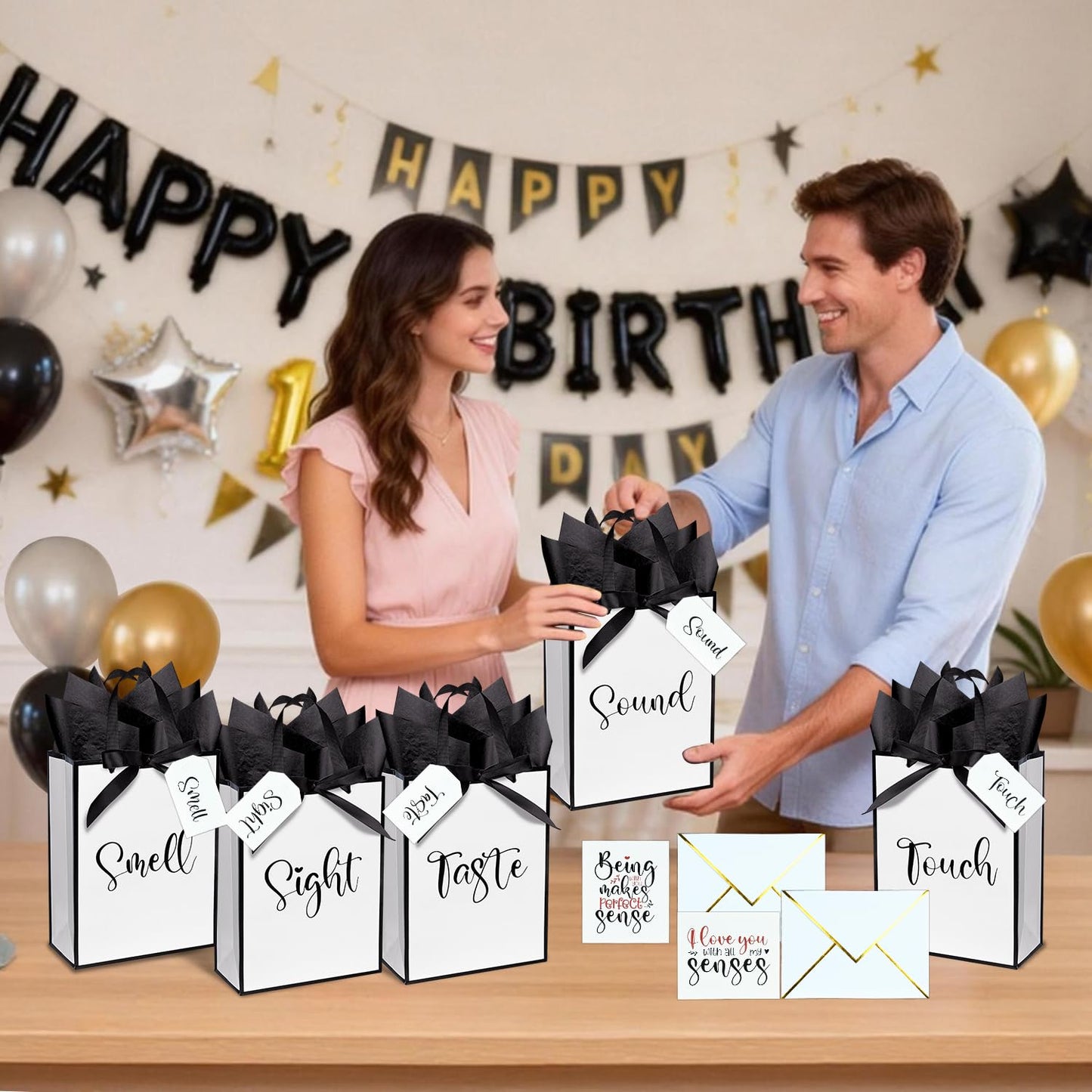 Nimbbex 5 Senses Gift Bags For Him with Labels, Five Senses Gift Bags with Cards, Envelopes and Ribbons for Valentine'S Day, Birthday, Anniversary, Mother'S Day,Father'S Day 9X7X3.2 Inches (White)