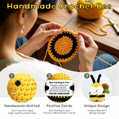 Emotional Support Bee, Positive Crochet Bee Doll with Card, Inspirational Small Handmade Knitted Animals Cute Stuff, Funny Gifts for Women Men Birthday Friends Coworkers, Christmas Office Decor