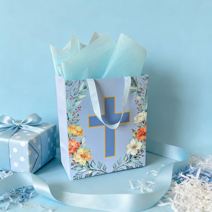 Noyi Traxd Large Blue Baptism Gift Bag - 10" x 5" x 11.8", with Cross Design, First Communion Card and Tissue Paper for Baby Boy Baptisms, Christenings and First Communions Religious Occasion