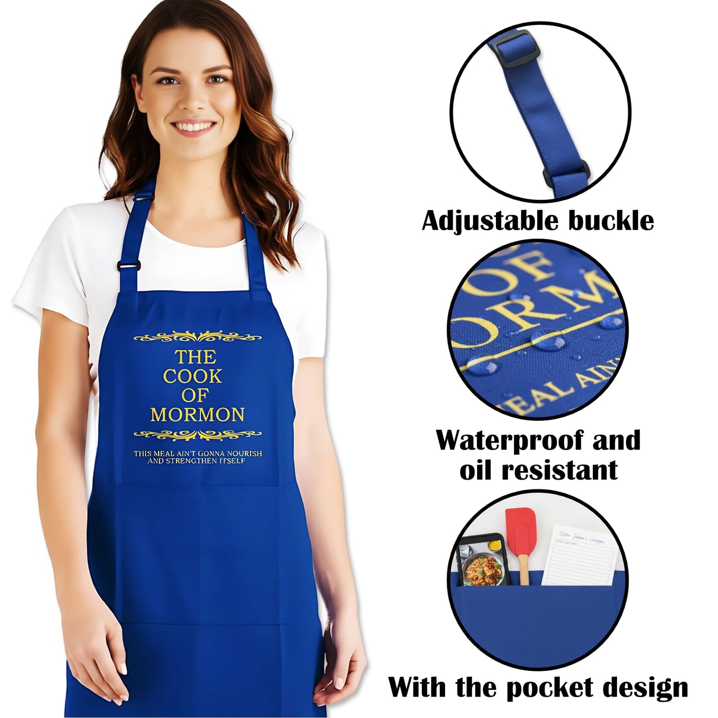 Cook of Mormon LDS Apron – Waterproof, Adjustable Neck Strap, Large Pocket, Funny Kitchen Apron for BBQ or Home Use