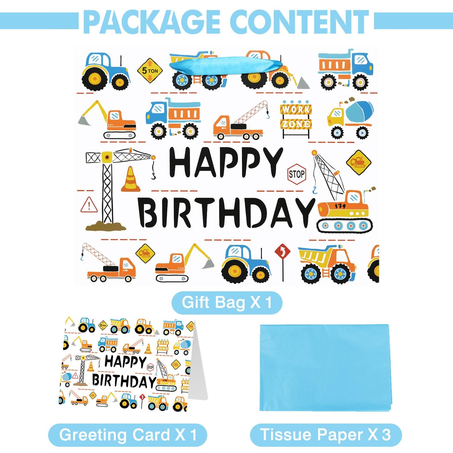 Laidans 13" Large Happy Birthday Gift Bag for Baby Boy Kids with Tissue Paper and Card (Construction Vehicle)