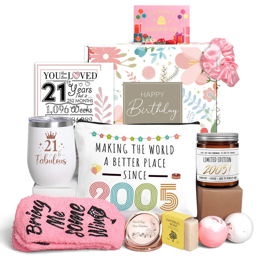 iAOVUEBY 21st Birthday Gifts for Her, Happy 21st Birthday Gift Basket for Women, 21 Year Old Gift Ideas for Daughter Sister Friend, Born in 2005, 21 & Fabulous