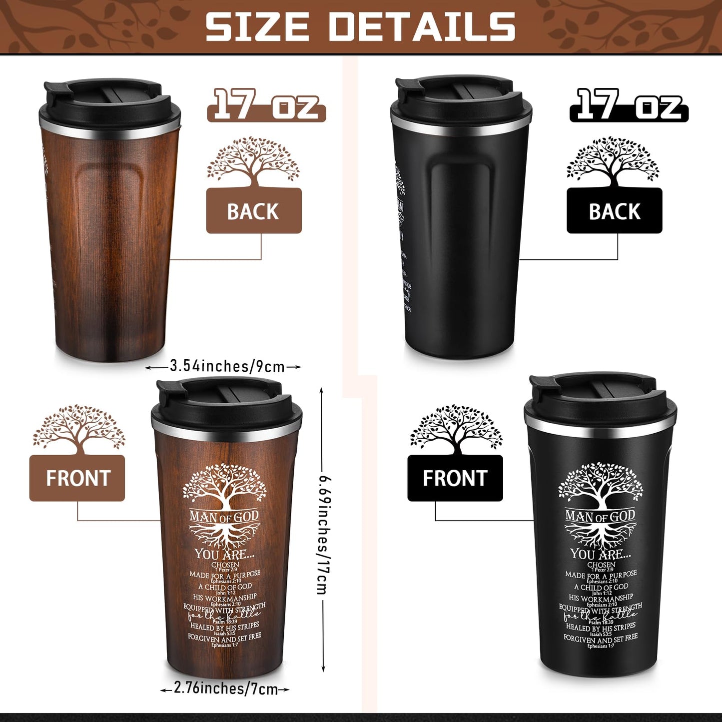 Ziliny 2 Pcs Christian Gifts for Men 17 oz Coffee Tumbler Inspirational Man of God Mugs Stainless Steel Tumbler with Lid Father's Day Religious Spiritual Gift Set