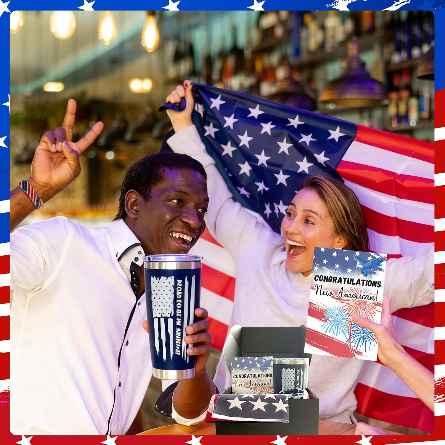 7 Pcs New US Citizenship Gift American Flag Gifts Set Include Water Bottle Wristband Handkerchief Keychain Socks Aromatherapy Card Patriotic Gift Box Congratulations Card for Foreigners Veterans