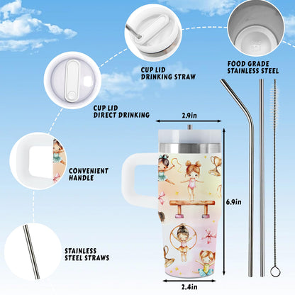 Gymnastics Gifts, 14 Oz Gymnastic Tumbler with Handle & Straw, Thanksgiving Christmas Birthday Gift for Gymnastics Coach, Gymnastic Stainless Steel Tumbler for Daughter, Dance Gifts, 1 PCS