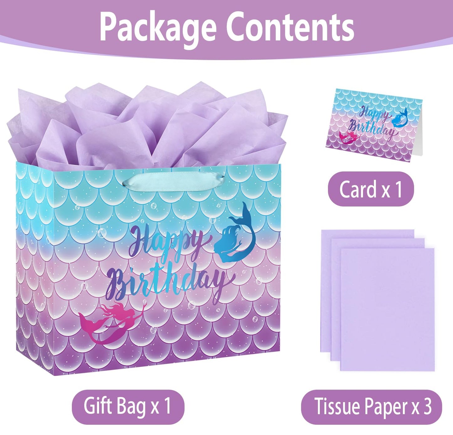 Yusenguan 16.5" Extra Large Mermaid Happy Birthday Gift Bag Set with Tissue Paper, Greeting Card and Handles, Perfect for Kids and Girls’ Birthday Parties