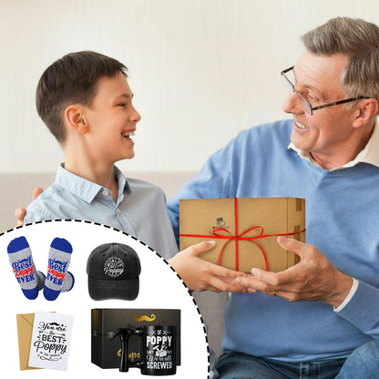 Bonuci 5 Pcs Poppy Gifts Set for Father's Day Christmas Include World's Best Poppy Embroidered Cap Crew Socks Coffee Mug with Hammer Handle Cards with Envelope Gifts Ideas for Father Dad Grandpa