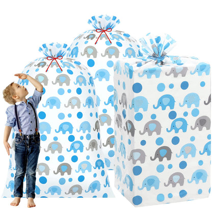 Zonon 3 Pcs 56'' XL Extra Large Baby Shower Bag Blue Elephant Giant Oversized Holiday Plastic Gift Bags Jumbo Huge Storage Wrapping for Birthday Present Holiday Party Favors Gift Wrap(Blue)
