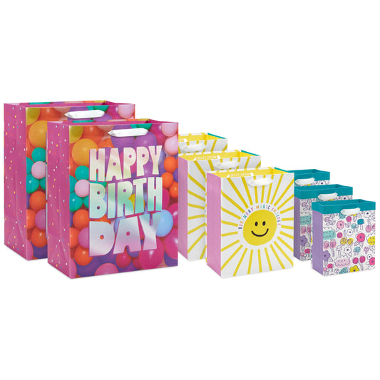 Hallmark Assorted Birthday Gift Bags (8 Bags: 3 Small 6", 3 Medium 9", 2 Large 13") Smiling Sun, Balloons, Cute Flowers and Plants