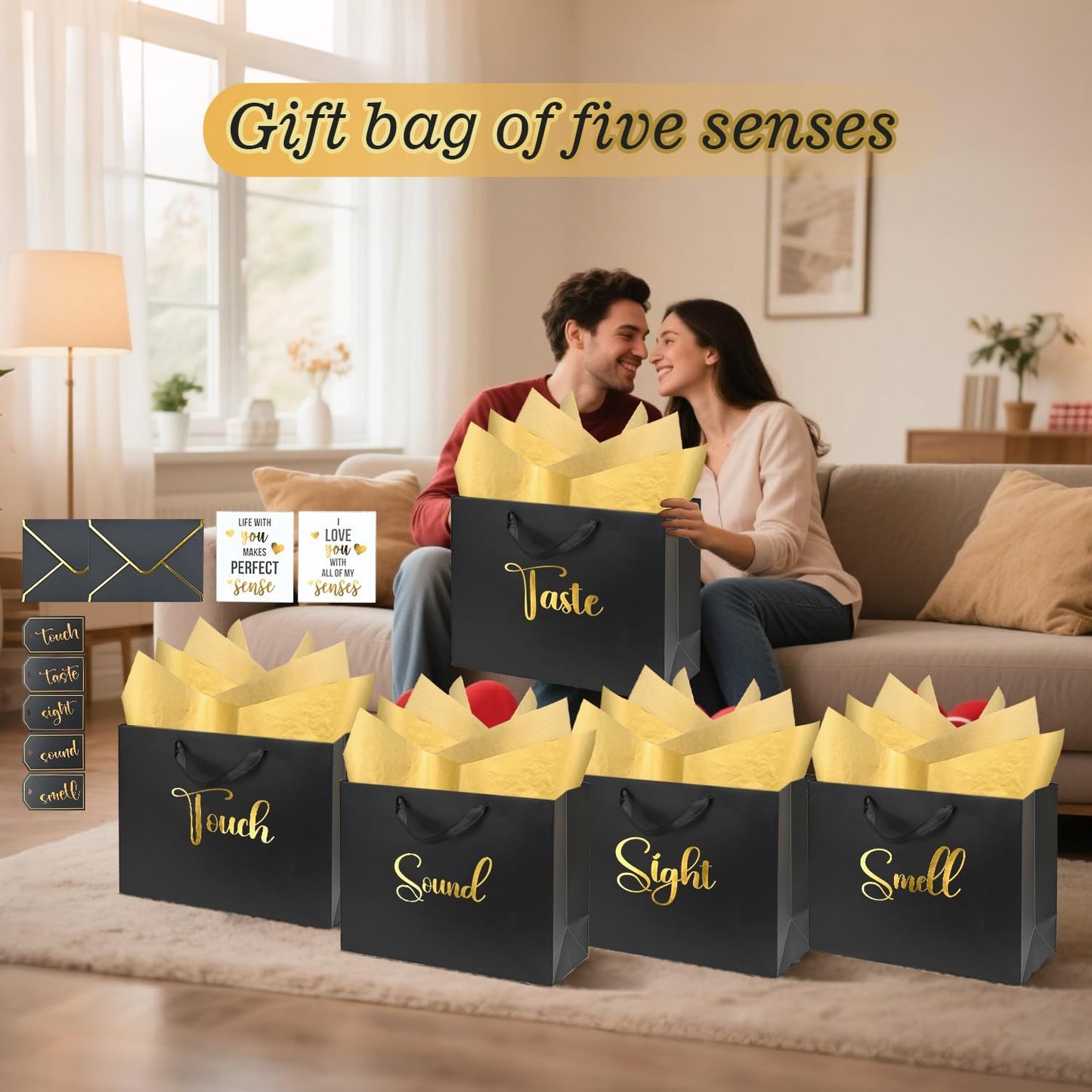 Nimbbex 13'' Large 5 Senses Gift Bags for Him Her with Labels Envelopes and Cards, Gold Foil Five Senses Gift Bags with Tissue Handle for Birthday, Anniversary, Mother's Day, Valentine's Day (Black)