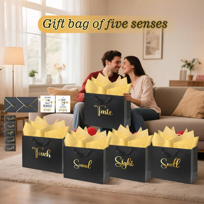 Nimbbex 13'' Large 5 Senses Gift Bags for Him Her with Labels Envelopes and Cards, Gold Foil Five Senses Gift Bags with Tissue Handle for Birthday, Anniversary, Mother's Day, Valentine's Day (Black)