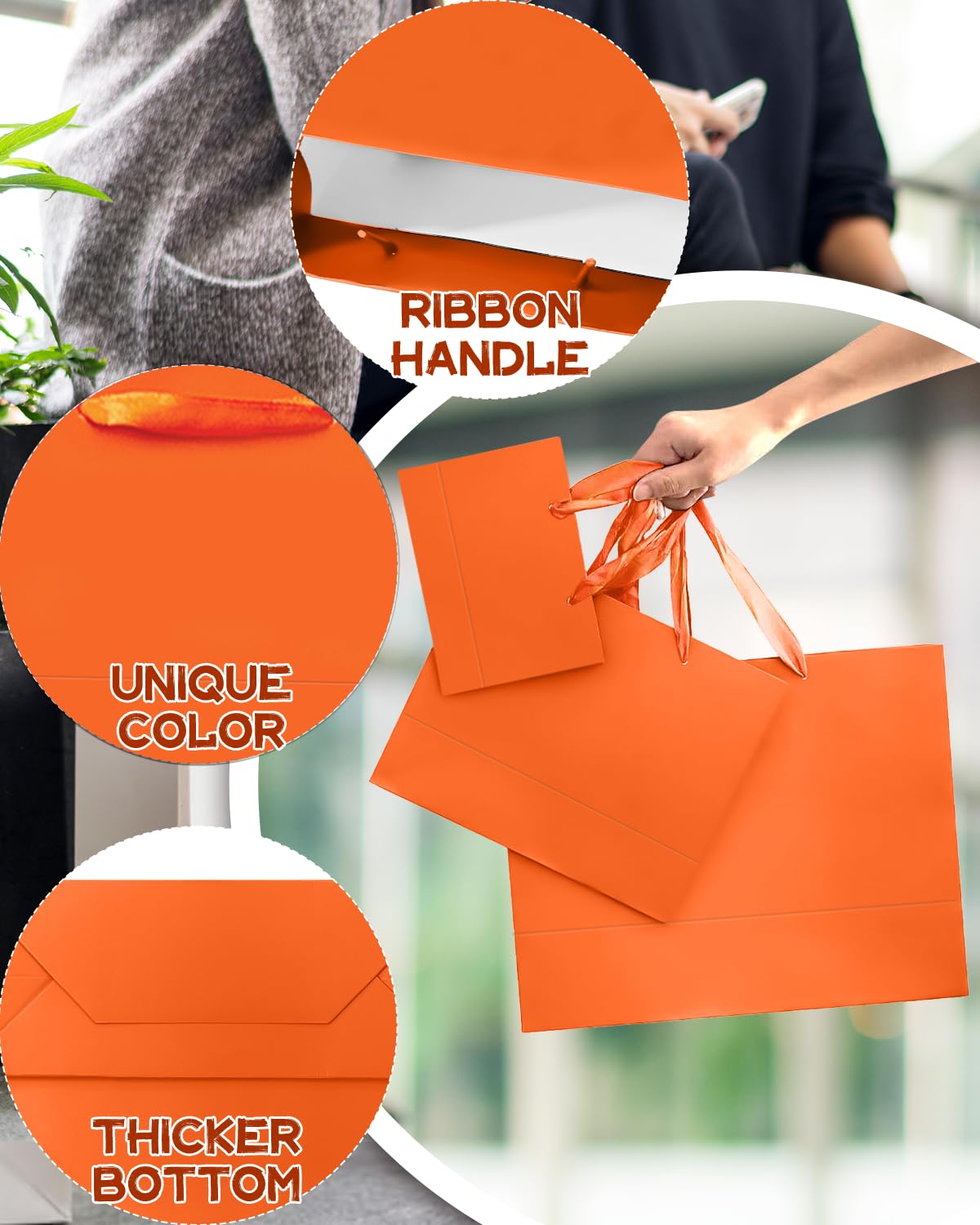 qiqee 10PCS Bright Orange Gift Bags with Ribbon Handles Mulit Assorted Sizes Gift Wide Bags (2pcs Large 13", 4pcs Medium 9.6", 4pcs Small 6.3",Tissue Paper)