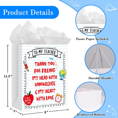PETCEE Teacher Appreciation Gift Bags - 11.5" Teacher Gift Bags with Tissue Paper Thank You Teacher End of Year Gifts for Retirement Teachers Graduation Wrapping Paper Bag for Teachers Women Men