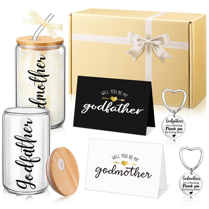 Mimorou 7 Pcs Fathers Day Godparents Proposal Gift Set Will You Be My Godparents from Godchild Godmother Godfather Gift with Glass Cups Keychains Cards Box for Birthday Baptism (Champagne)
